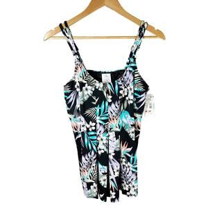 Swim Solutions Bring Me Flowers Pleated Front Tankini Swim Top Size 16